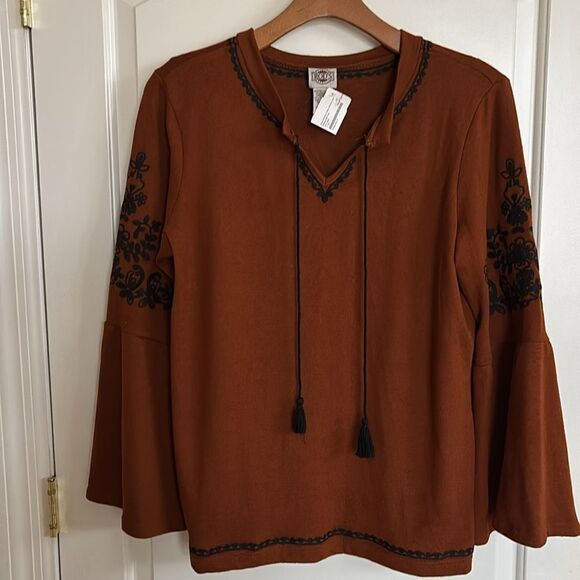 Vintage Sweaters - rust Tunic sweater Shirt Embroidered Black Bell Sleeves‎ XXL NWT Rod’s Western
